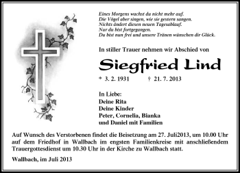 Traueranzeige von Siegfried Lind von Südthüringer Presse