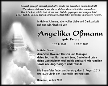 Traueranzeige von Angelika Oßmann von Südthüringer Presse