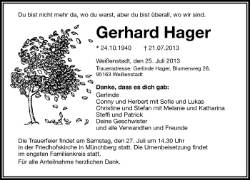 Traueranzeige von Gerhard Hager von Frankenpost