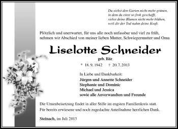 Traueranzeige von Liselotte Schneider von Südthüringer Presse