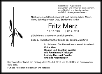 Traueranzeige von Fritz Merz von Frankenpost