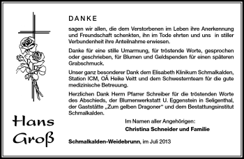 Traueranzeige von Hans Groß von Südthüringer Presse