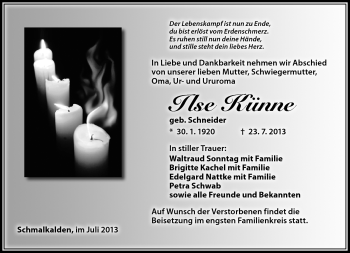 Traueranzeige von Ilse Künne von Südthüringer Presse