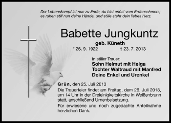 Traueranzeige von Babette Jungkuntz von Neue Presse Coburg