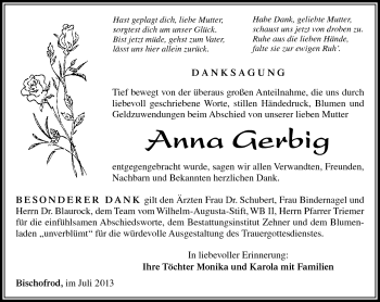 Traueranzeige von Anna Gerbig von Südthüringer Presse
