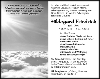 Traueranzeige von Hildegard Friedrich von Südthüringer Presse