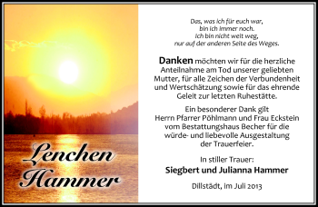 Traueranzeige von Lenchen Hammer von Südthüringer Presse