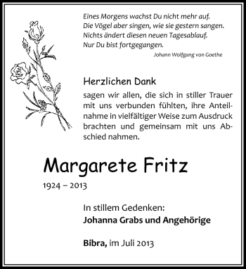 Traueranzeige von Margarete Fritz von Südthüringer Presse