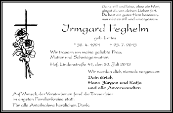 Traueranzeige von Irmgard Fegheim von Frankenpost