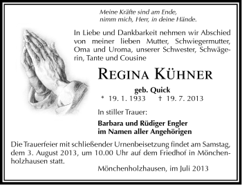 Traueranzeige von Regina Kühner von Südthüringer Presse