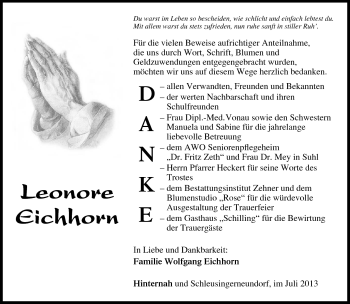 Traueranzeige von Leonore Eichhorn von Südthüringer Presse