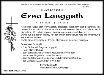 Traueranzeige von Erna Langguth von Südthüringer Presse
