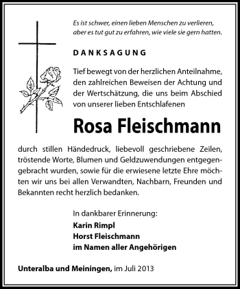 Traueranzeige von Rosa Fleischmann von Südthüringer Presse