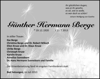 Traueranzeige von Günther Hermann Berge von Südthüringer Presse