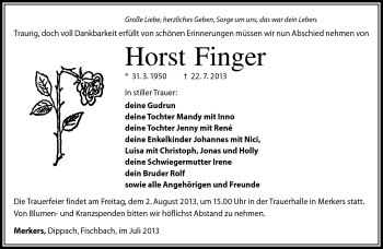 Traueranzeige von Finger Horst von Südthüringer Presse