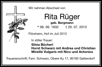 Traueranzeige von Rita Rüger von Frankenpost