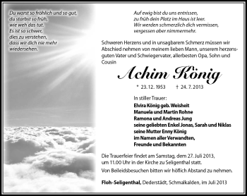 Traueranzeige von Achim König von Südthüringer Presse