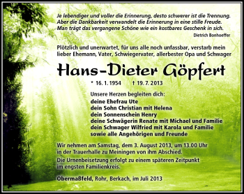 Traueranzeige von Hans-Dieter Göpfert von Südthüringer Presse