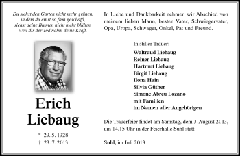 Traueranzeige von Erich Liebaug von Südthüringer Presse