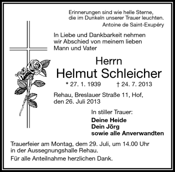 Traueranzeige von Helmut Schleicher von Frankenpost