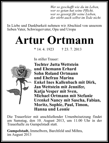 Traueranzeige von Artur Ortmann von Südthüringer Presse