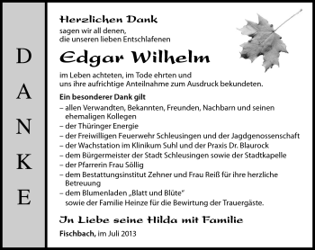 Traueranzeige von Edgar Wilhelm von Südthüringer Presse