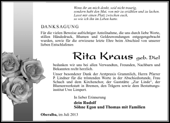 Traueranzeige von Rita Kraus von Südthüringer Presse