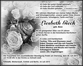 Traueranzeige von Liesbeth Gieck von Südthüringer Presse