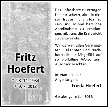 Traueranzeige von Fritz Hoefert von Südthüringer Presse