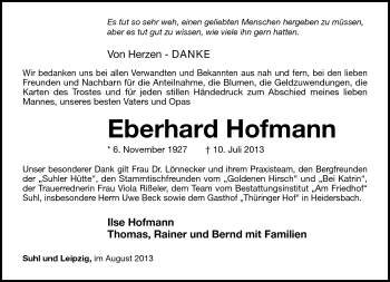 Traueranzeige von Eberhard Hofmann von Südthüringer Presse