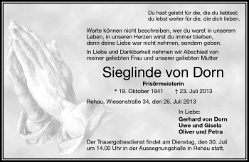 Traueranzeige von Sieglinde von Dorn von Frankenpost