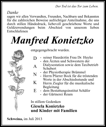 Traueranzeige von Manfred Konietzko von Südthüringer Presse