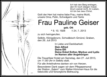 Traueranzeige von Pauline Geiser von Frankenpost