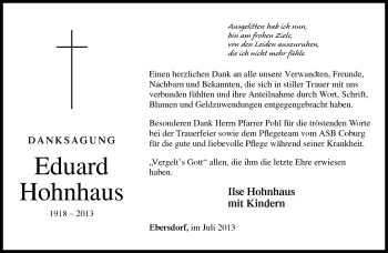 Traueranzeige von Eduard Hohnhaus von Neue Presse Coburg