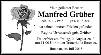 Traueranzeige von Manfred Grüber von Südthüringer Presse