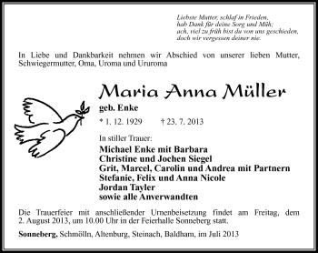 Traueranzeige von Maria Anna Müller von Südthüringer Presse