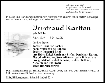 Traueranzeige von Irmtraud Kariton von Südthüringer Presse