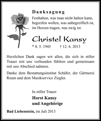 Traueranzeige von Christel Kansy von Südthüringer Presse