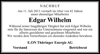 Traueranzeige von Edgar Wilhelm von Südthüringer Presse