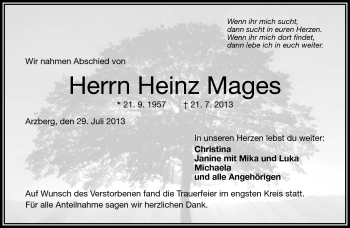 Traueranzeige von Heinz Mages von Frankenpost