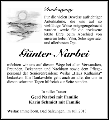 Traueranzeige von Günther Narbei von Südthüringer Presse