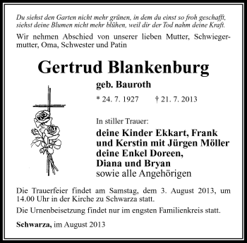 Traueranzeige von Gertrud Blankenburg von Südthüringer Presse