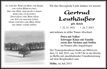 Traueranzeige von Gertrud Leuthäußer von Südthüringer Presse