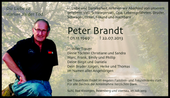 Traueranzeige von Peter Brand von Südthüringer Presse