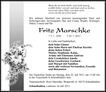 Traueranzeige von Fritz Marschke von Südthüringer Presse