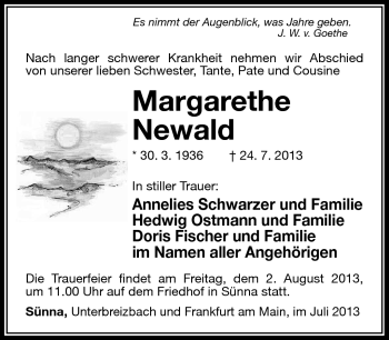 Traueranzeige von Margarethe Newald von Südthüringer Presse