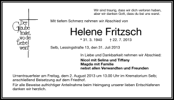 Traueranzeige von Helene Fritzsch von Frankenpost