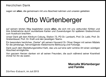 Traueranzeige von Otto Würtenberger von Neue Presse Coburg