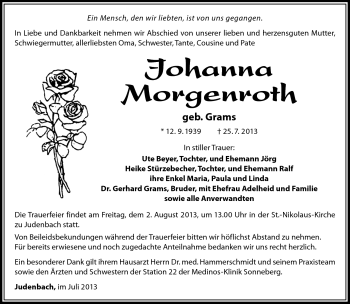 Traueranzeige von Johanna Morgenroth von Südthüringer Presse