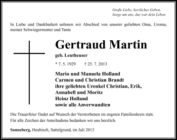 Traueranzeige von Gertraud Martin von Südthüringer Presse
